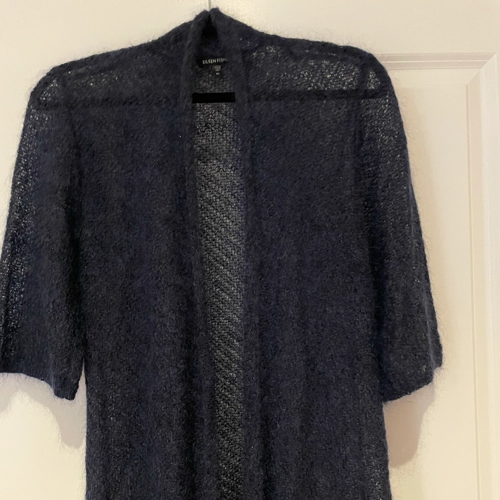 Navy Short sleeve long mohair cardigan by Eileen Fisher size XS